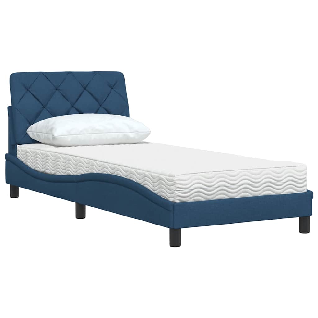 Bed with mattress blue 90x190 cm fabric