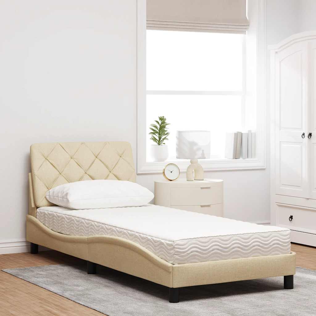 Bed with mattress cream 90x200 cm fabric