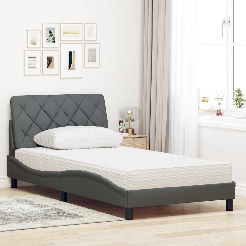 Bed with mattress dark grey 100x200 cm fabric