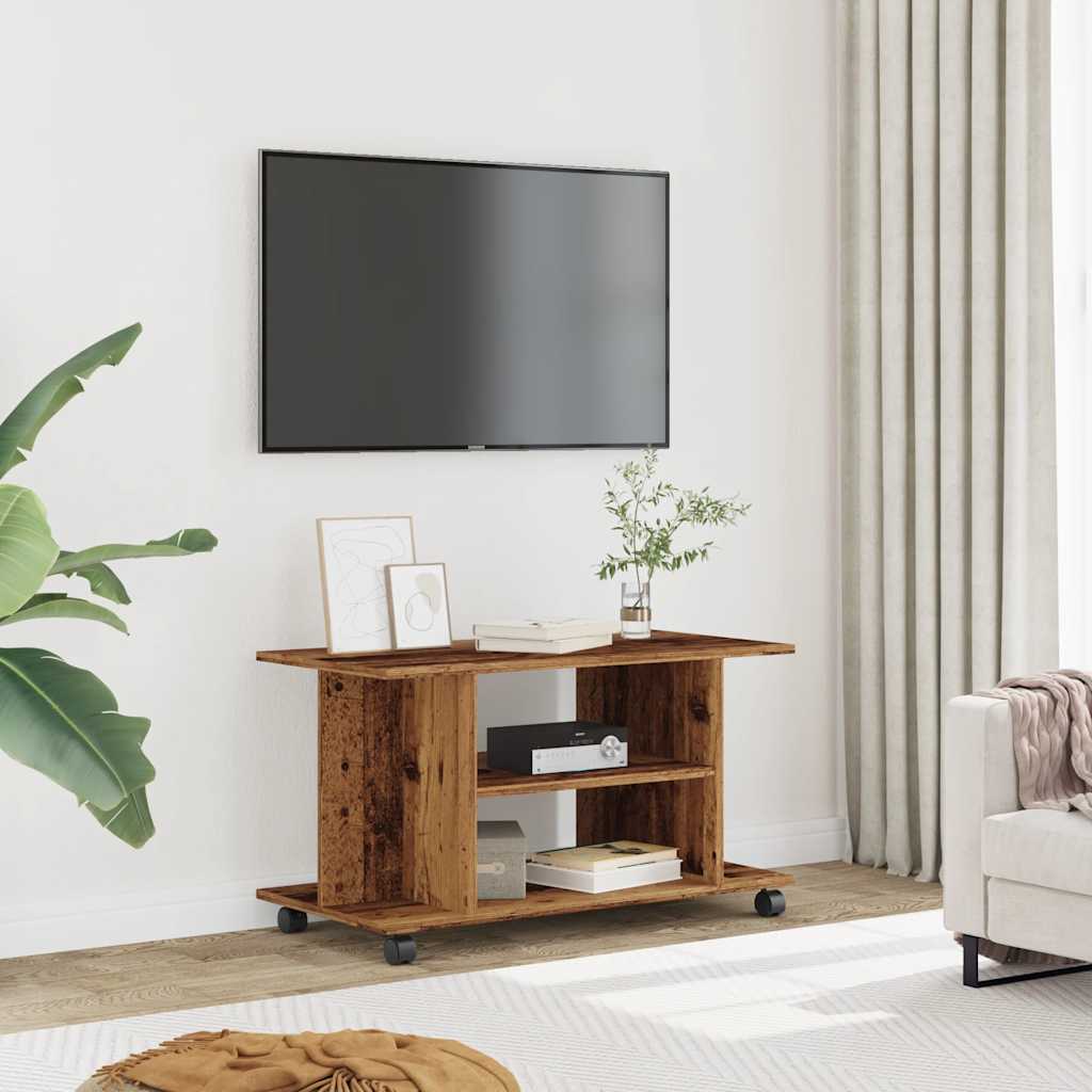 TV shelf with castors, reclaimed wood look, 80x40x45 cm, wood-based material