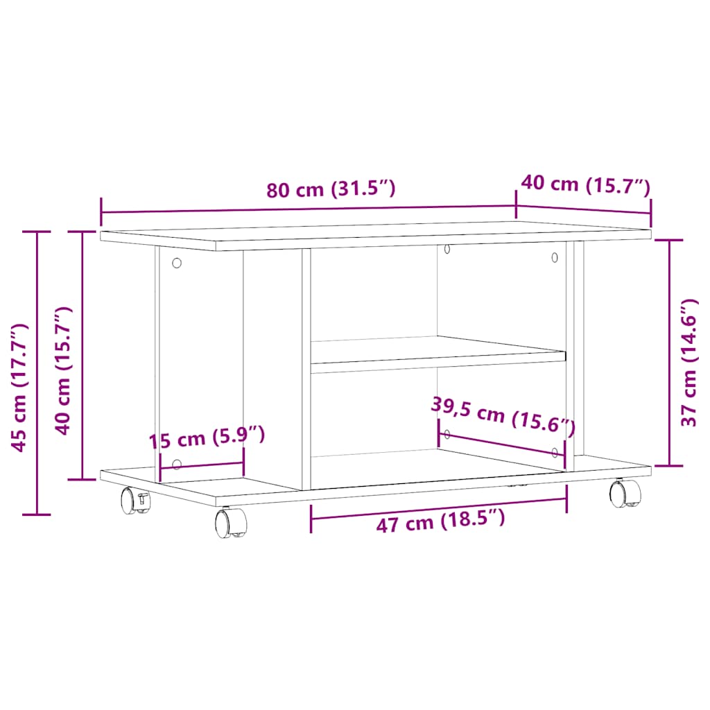 TV shelf with castors, reclaimed wood look, 80x40x45 cm, wood-based material
