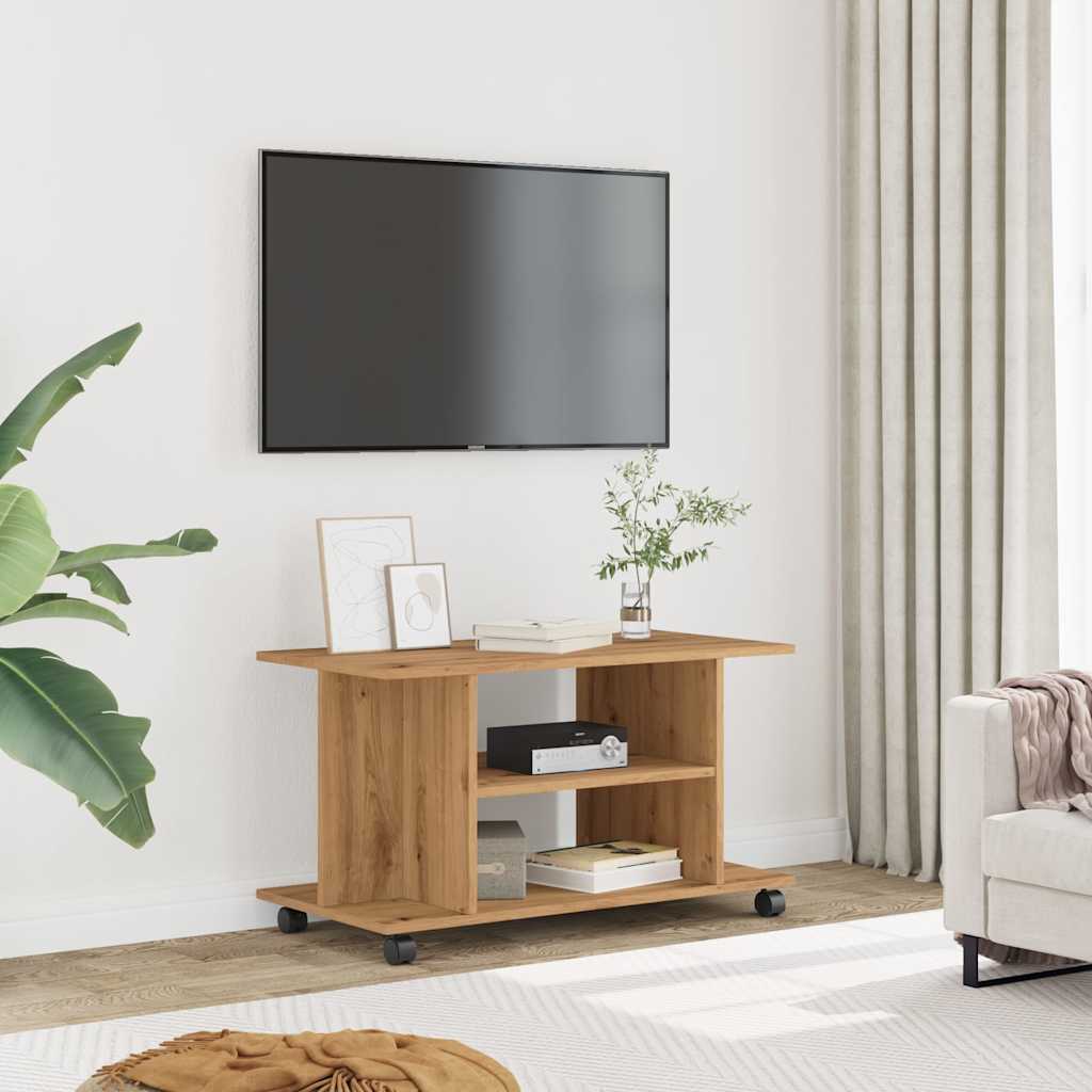 TV shelf with castors Artisan oak 80x40x45 cm wood-based material