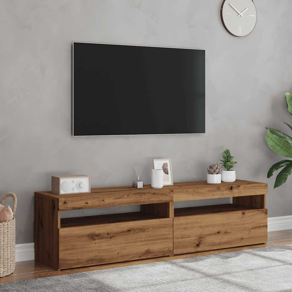 Meubles TV avec lumières LED 2 pièces en bois de chêne artisanal.