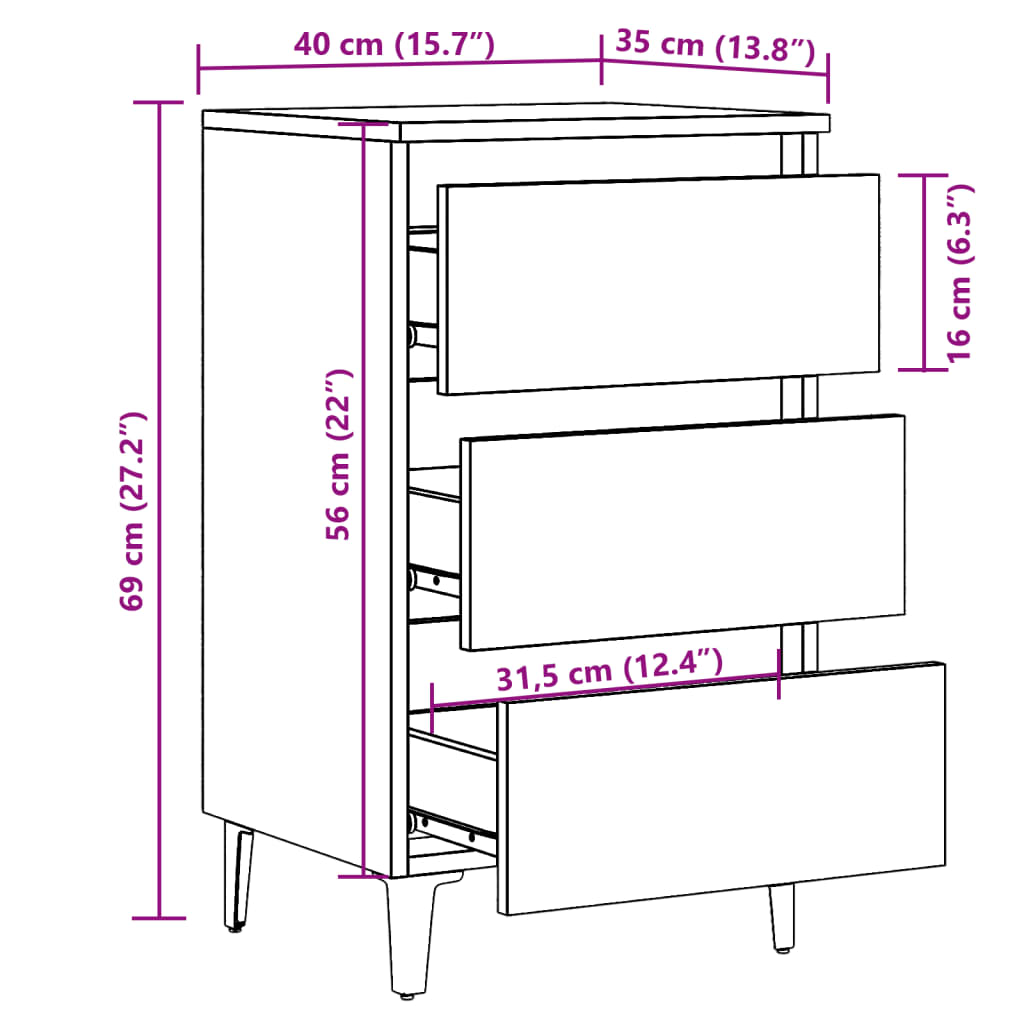 Bedside table with metal legs Artisan oak 40x35x69 cm