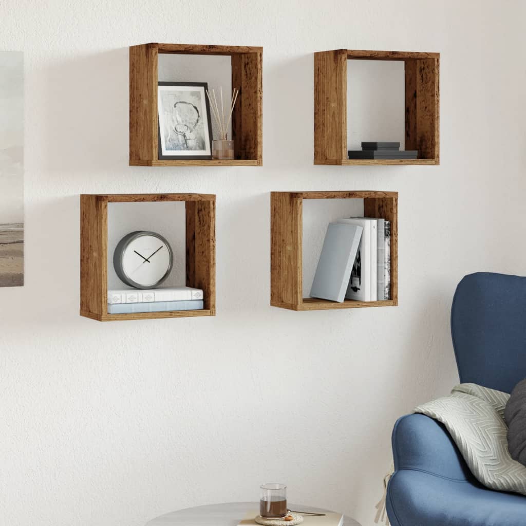 Cube wall shelves 4 pcs. Old wood look 30x15x30 wood material