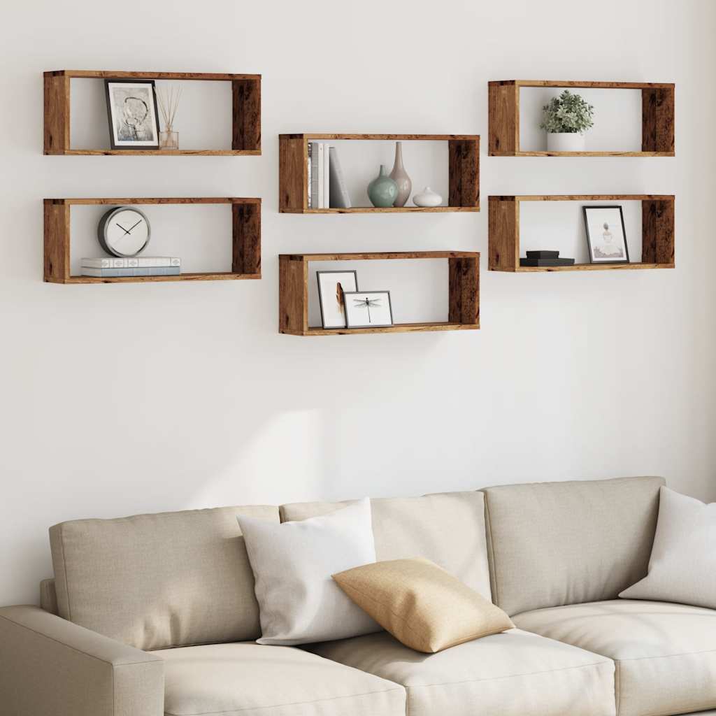 Cube wall shelves 6 pcs. Reclaimed wood look 60x15x23 wood material