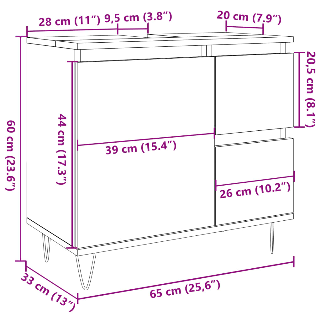 Meuble sous évier gris béton 65x33x60 cm en bois