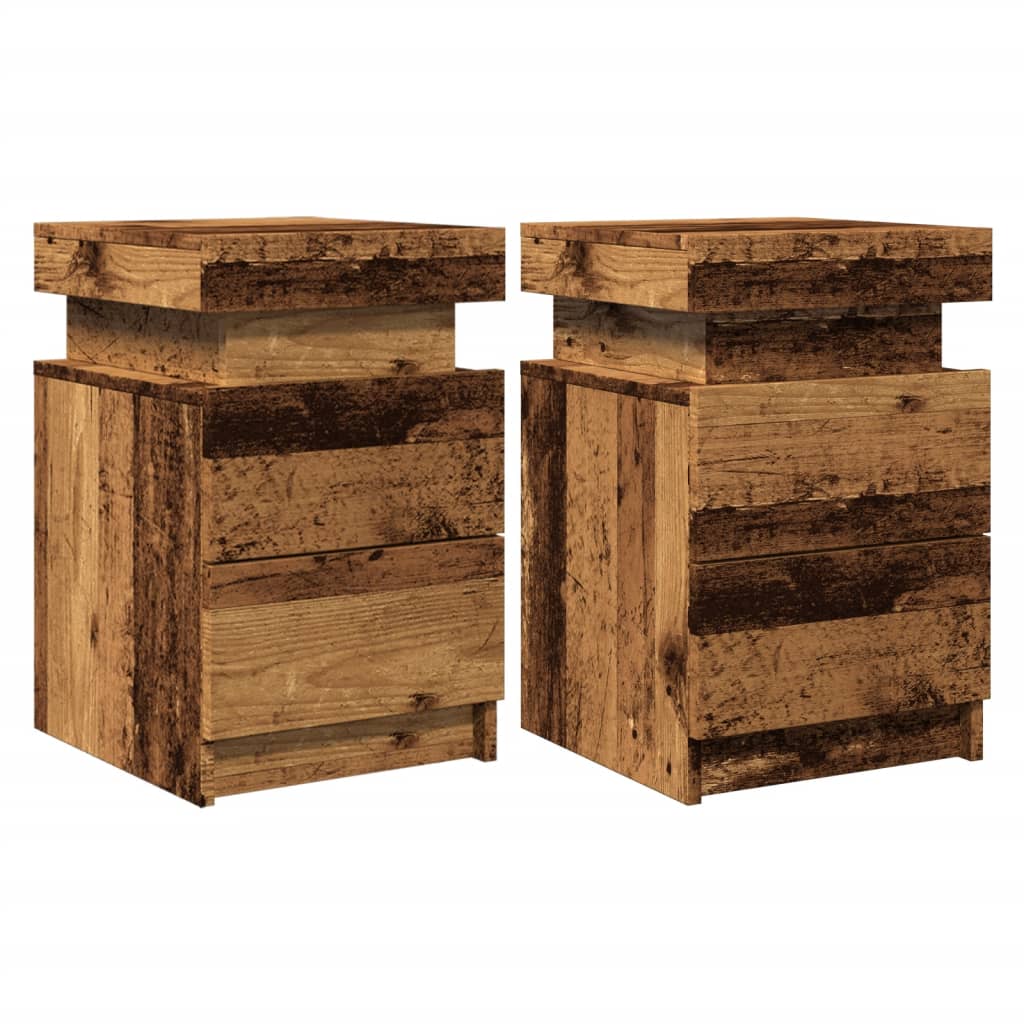 Tables de chevet LED, lot de 2, aspect bois de récupération, dimensions : 35 x 39 x 55 cm.