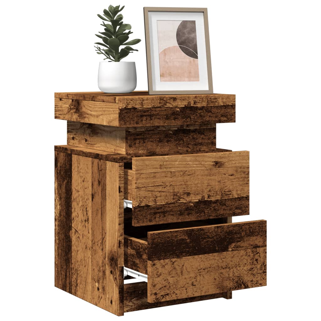 Tables de chevet LED, lot de 2, aspect bois de récupération, dimensions : 35 x 39 x 55 cm.