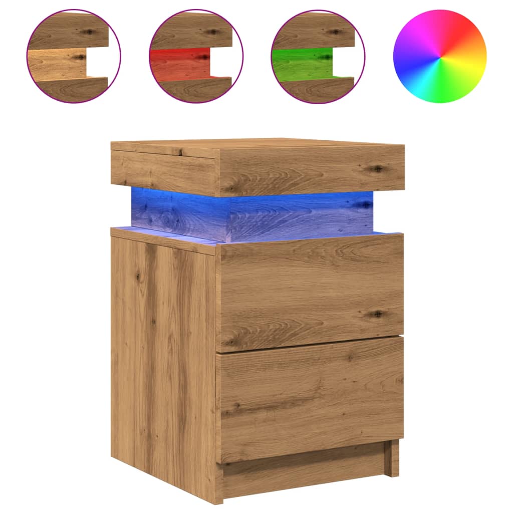 Tables de chevet LED, lot de 2. Chêne artisanal, 35 x 39 x 55 cm.