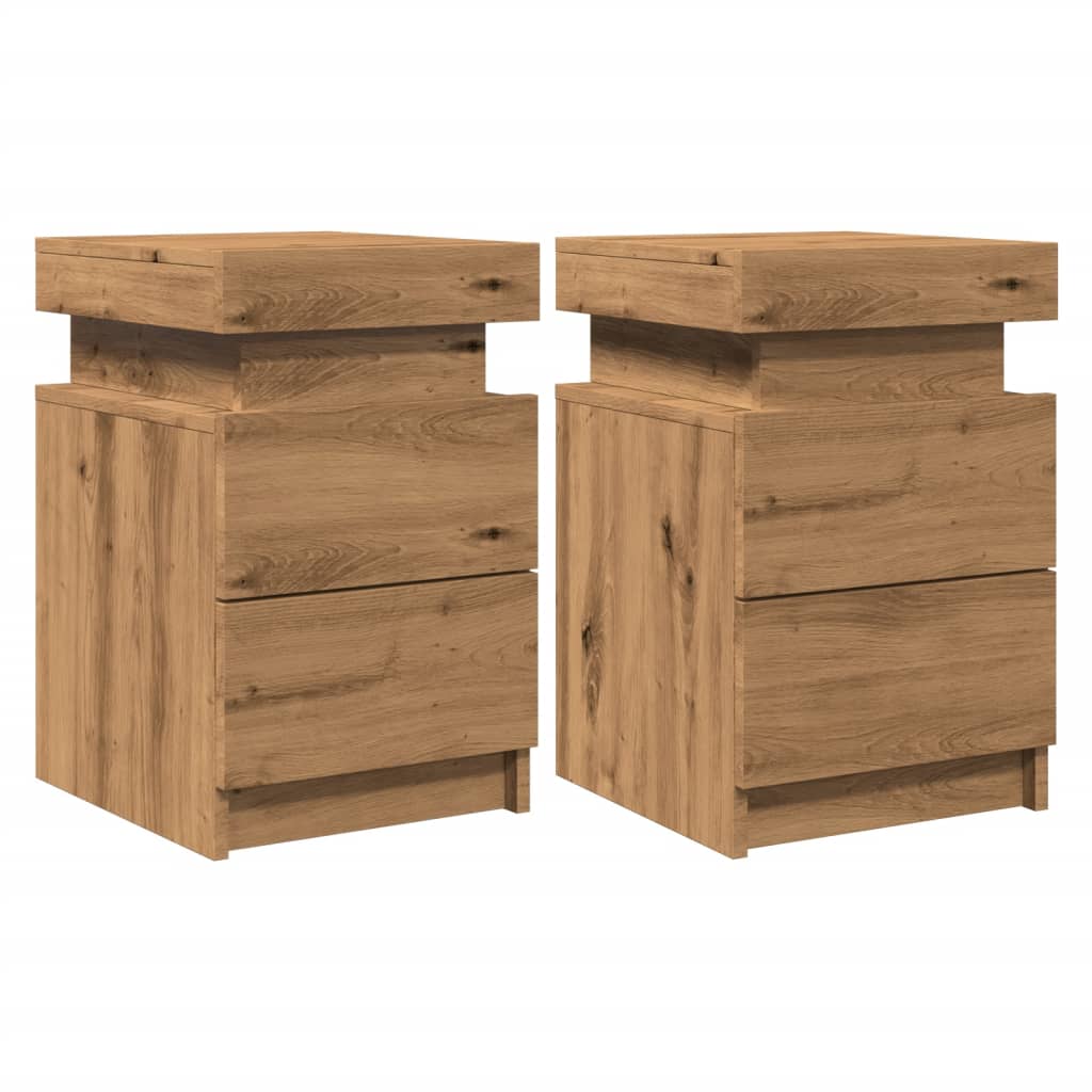 Tables de chevet LED, lot de 2. Chêne artisanal, 35 x 39 x 55 cm.