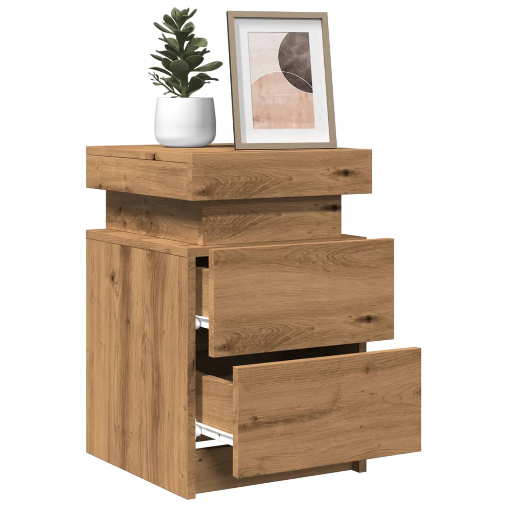 Tables de chevet LED, lot de 2. Chêne artisanal, 35 x 39 x 55 cm.