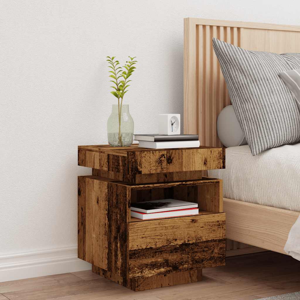 Bedside table with LED lights, reclaimed wood look, 40 x 39 x 48.5 cm