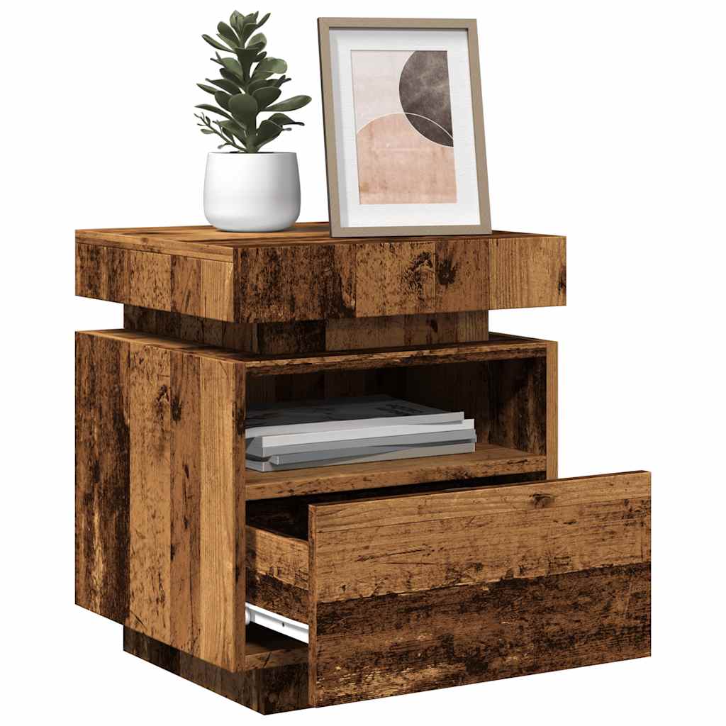 Bedside table with LED lights, reclaimed wood look, 40 x 39 x 48.5 cm