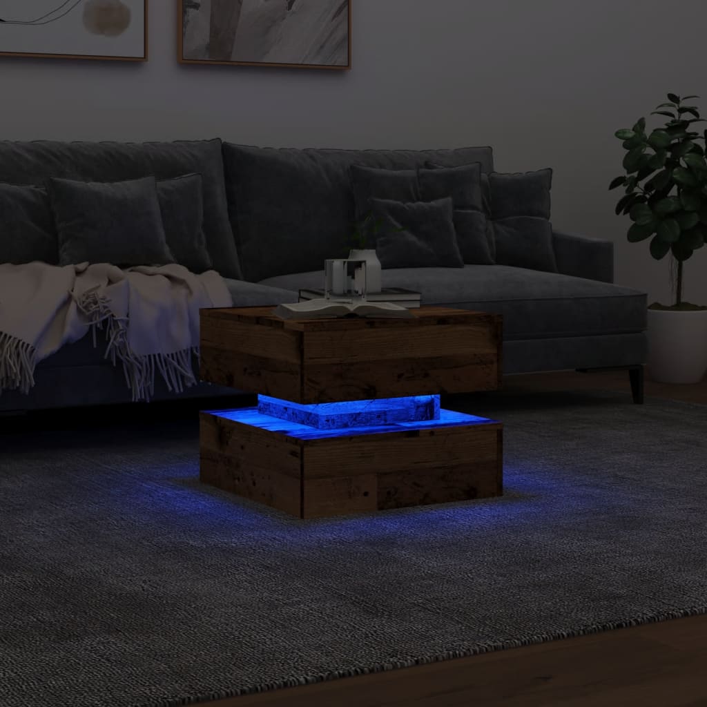 Coffee table with LED lights old wood look 50x50x40 cm