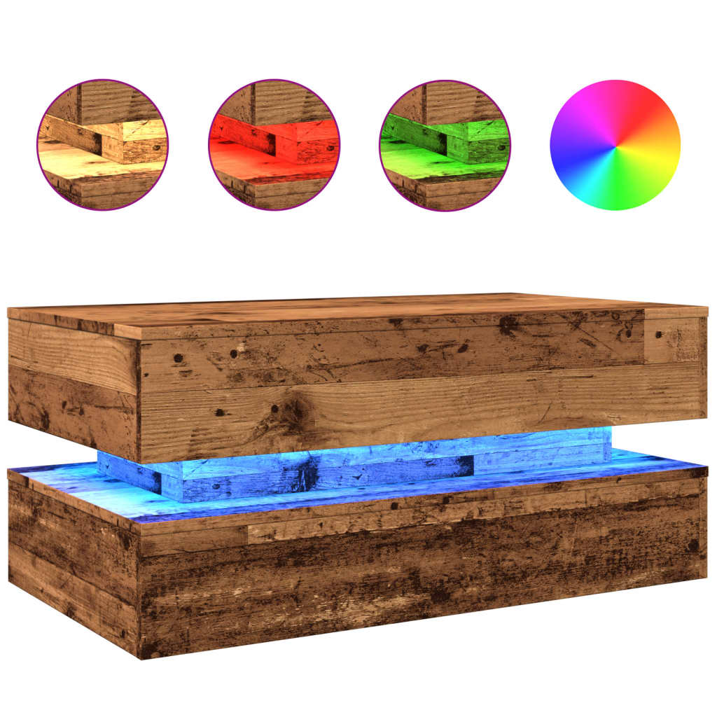 Coffee table with LED lights old wood look 90x50x40 cm
