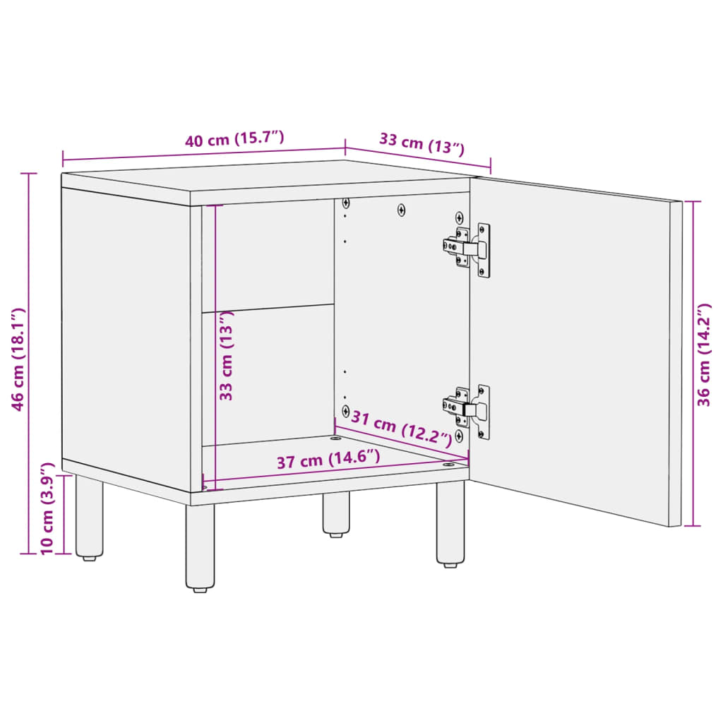 Tables de chevet 2 pcs. Noir 40x33x46 cm en bois de manguier massif