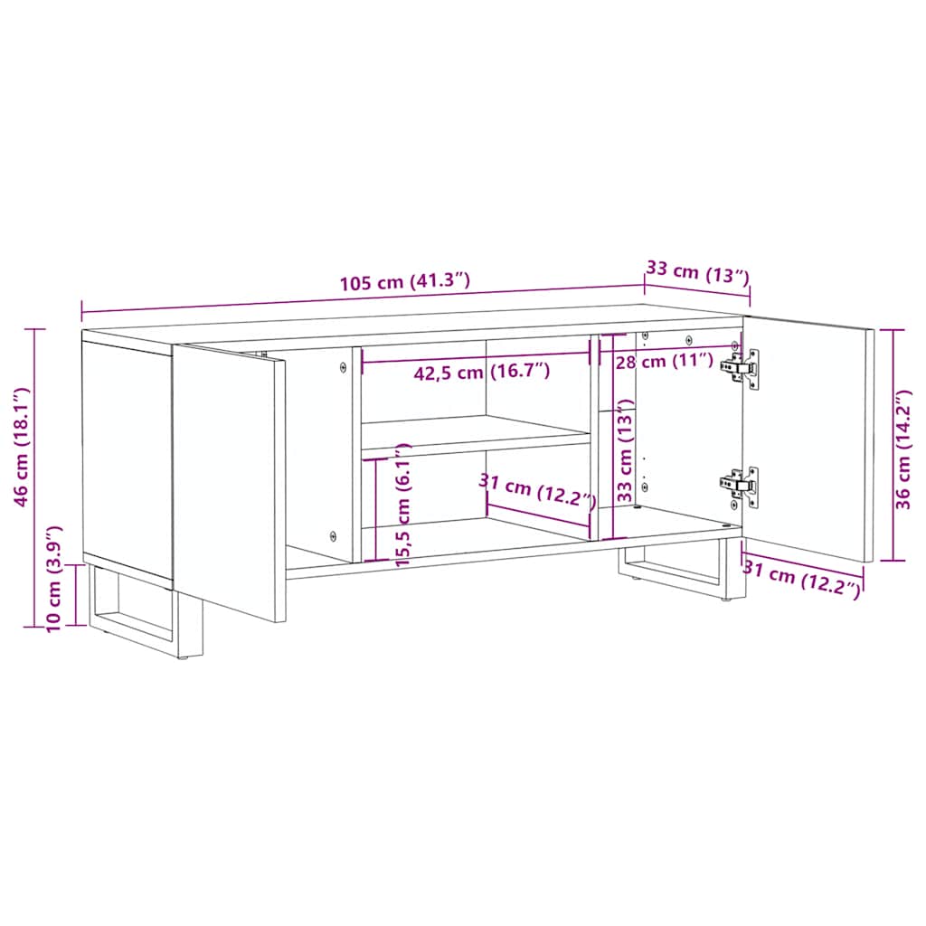 Meuble TV noir 105x33x46 cm en bois de manguier massif