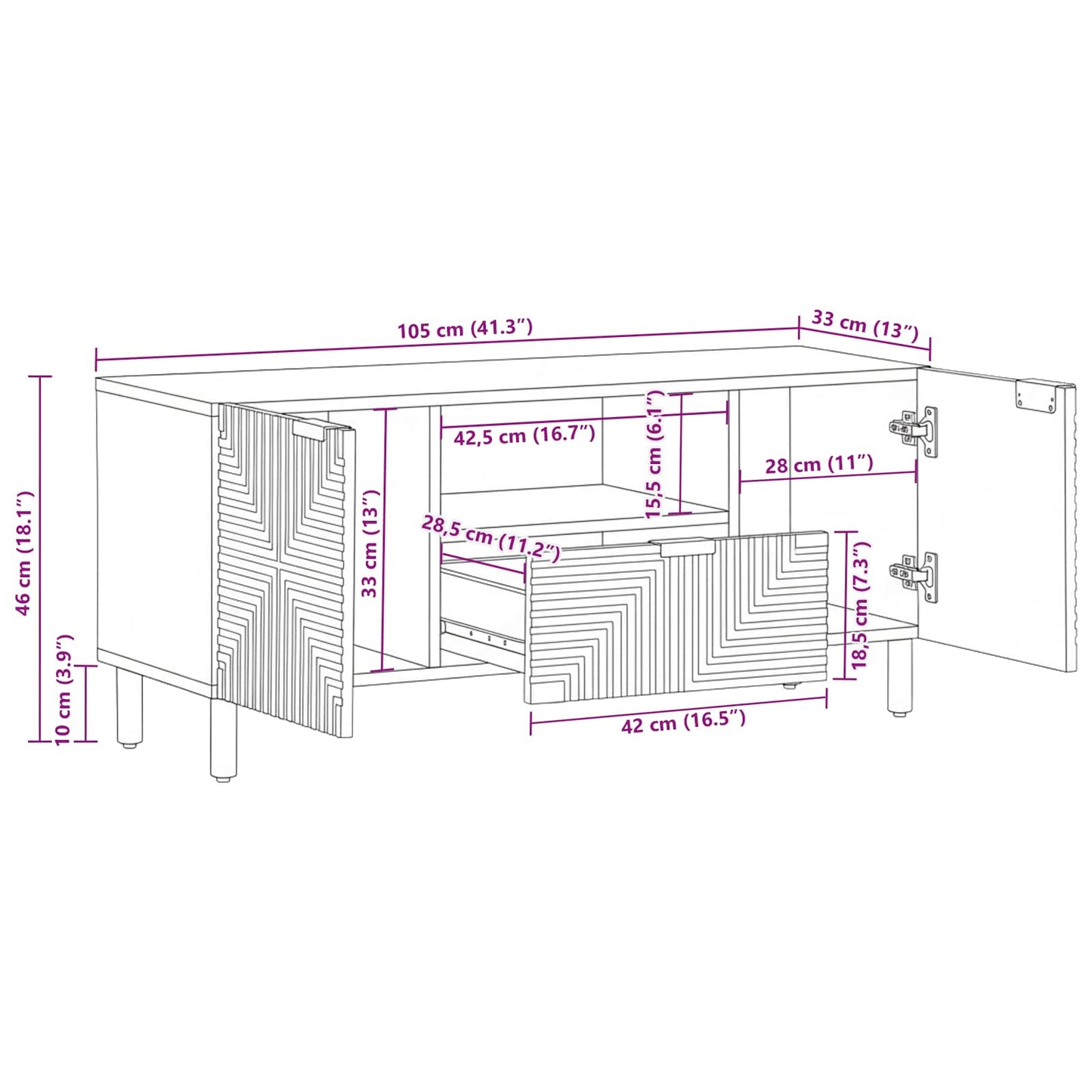 TV-Schränk mit Regal Braun 105 x 33 x 46 cm Massivholz Mango