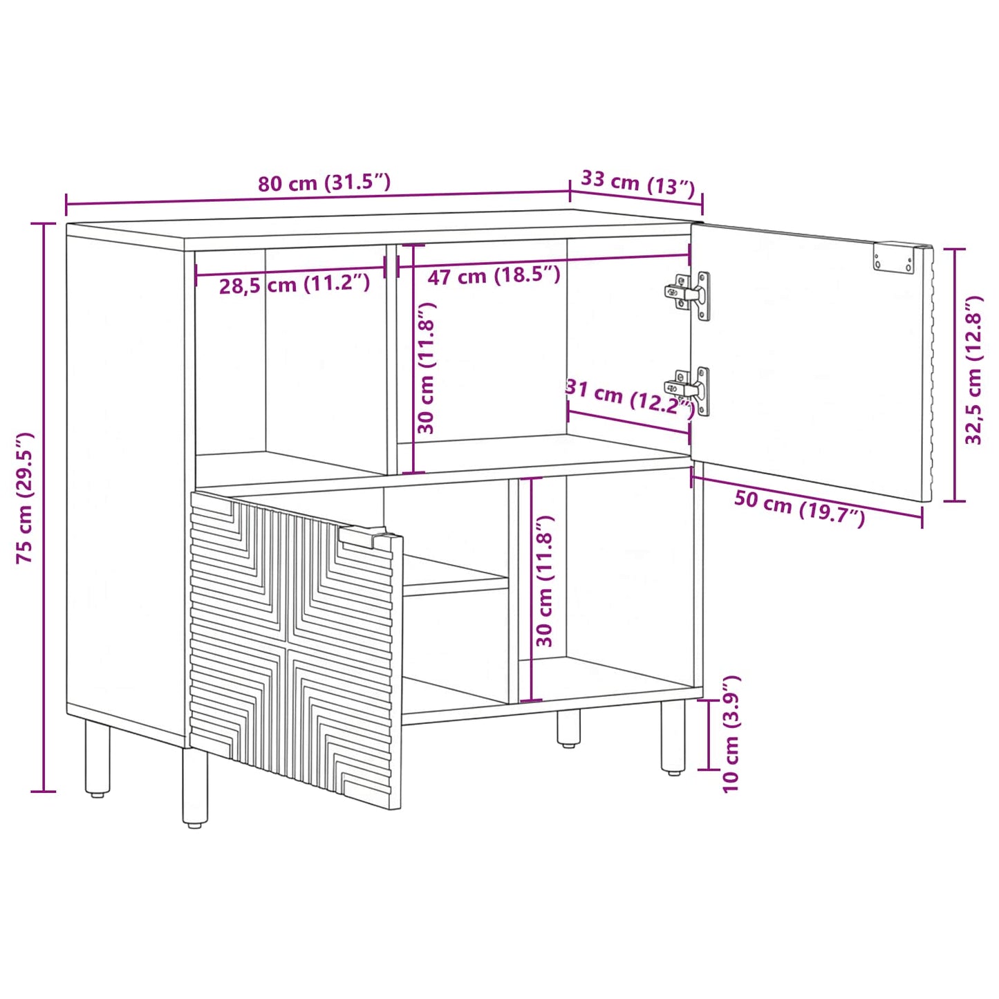 Sideboard mit Regal Braun 80 x 33 x 75 cm Massivholz Mango