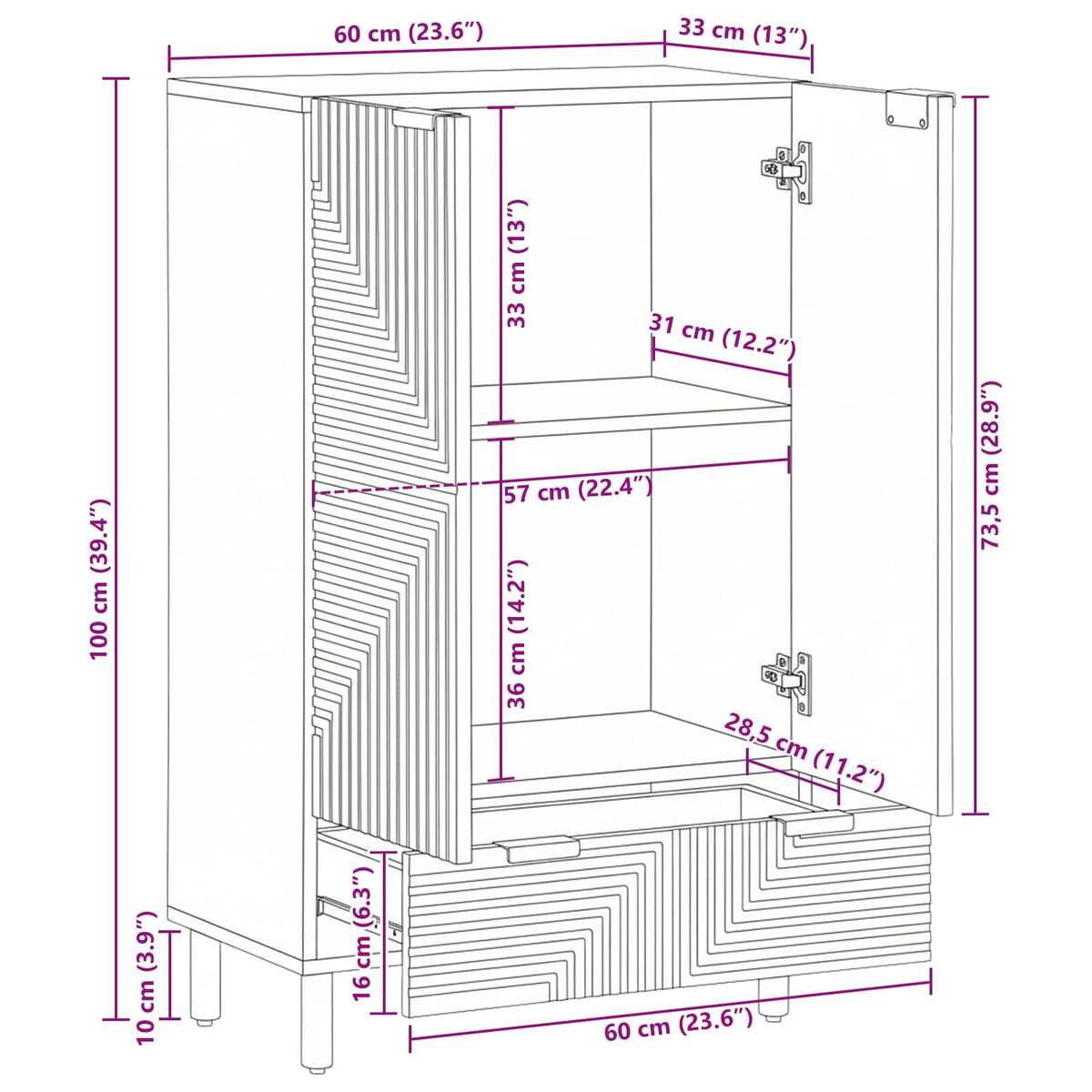 Highboard Natural 60 x 33 x 100 cm Massivholz Akazie