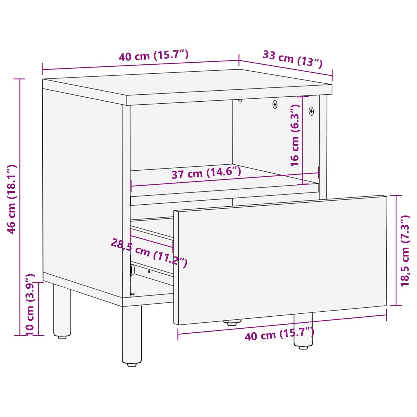 Nachttisch mit Schubladen Weiß 40 x 33 x 46 cm Massivholz Mango