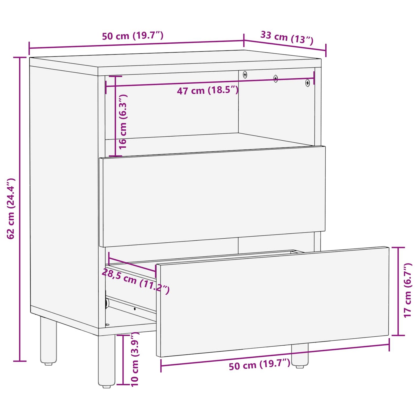 Nachttisch mit Schubladen Weiß 50 x 33 x 60 cm Massivholz Mango