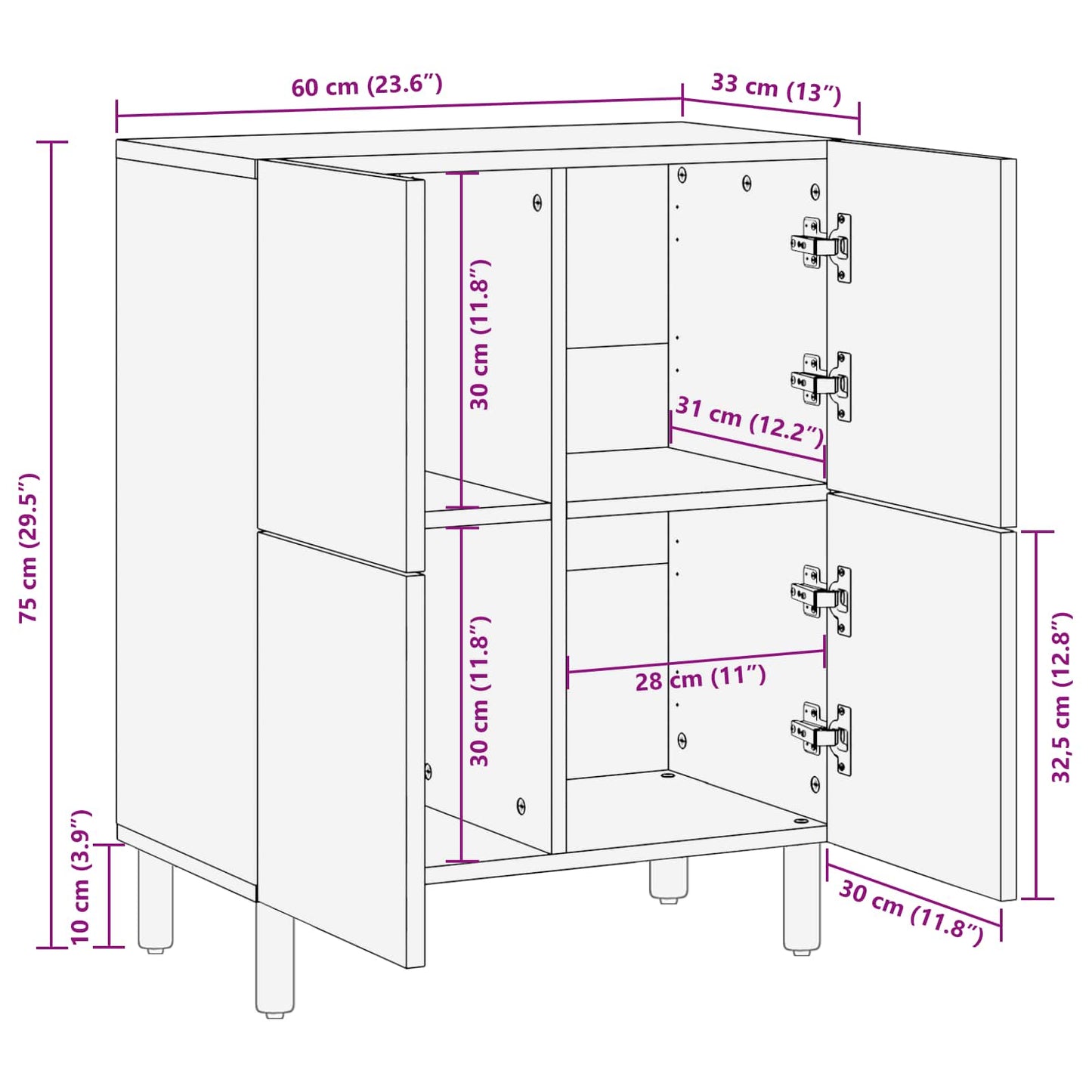 Sideboard mit Tür Weiße gewaschene Oberfläche 60 x 33 x 75 cm