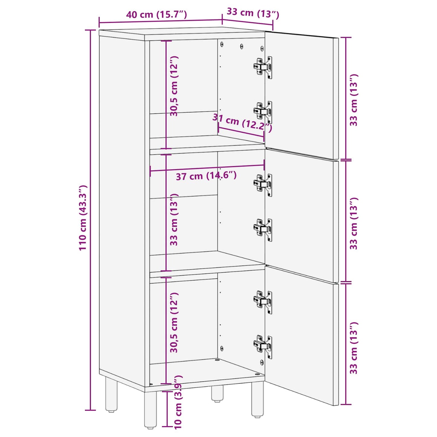 Highboard mit Tür Weiße gewaschene Oberfläche 40 x 33 x 110 cm