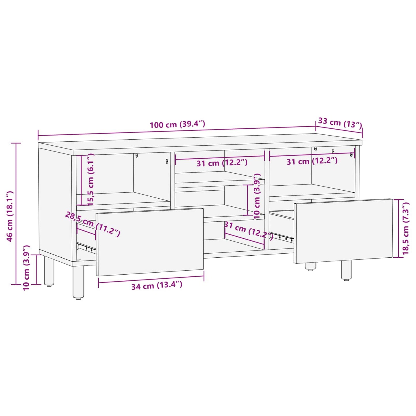 TV-Schränk mit Regal Akazienbraune Oberfläche 100 x 33 x 46 cm