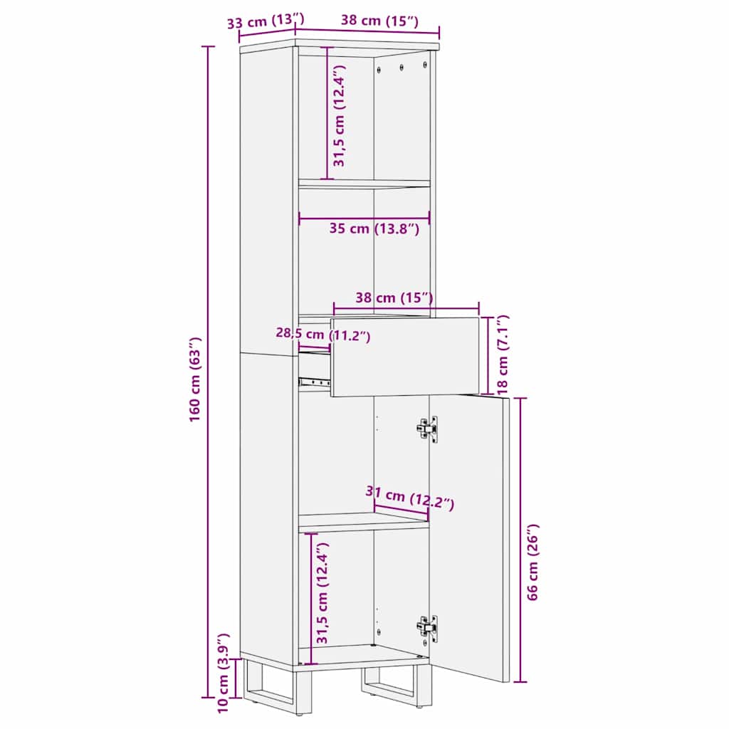 Badezimmer Schrank mit Regal Weiß und Schwarz 38 x 33 x 160 cm