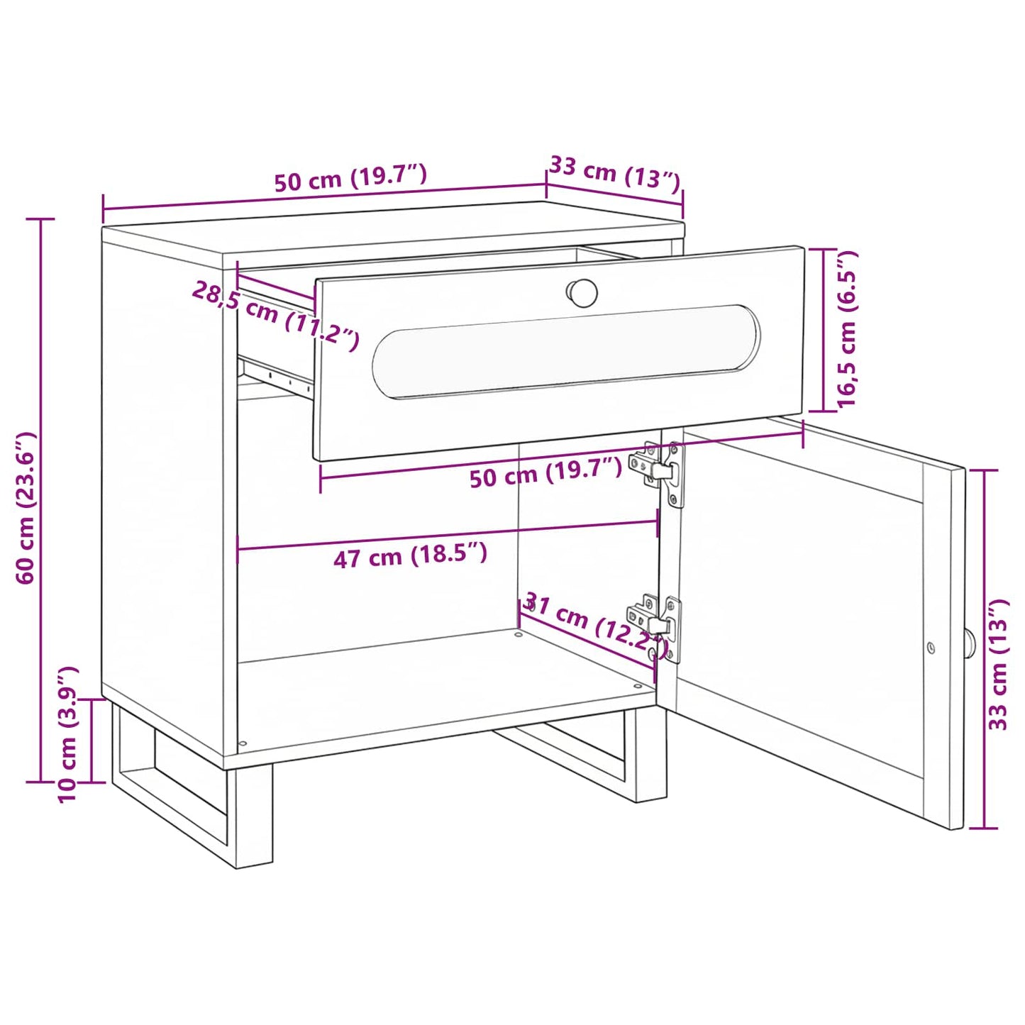Nachttisch Natur 50 x 33 x 60 cm Massivholz Mango