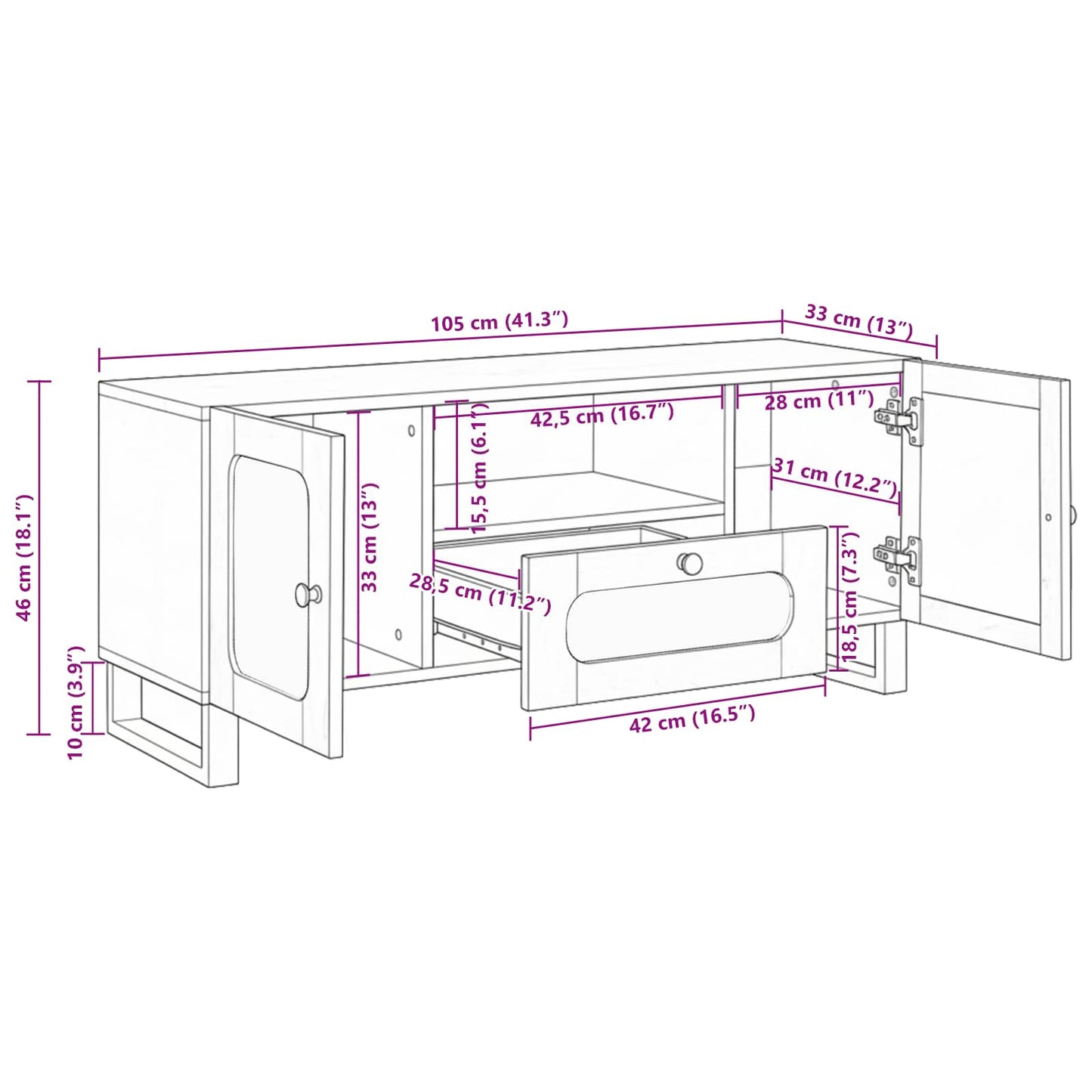 TV-Schränk mit Speicher Braun 105 x 33 x 46 cm Massivholz Mango