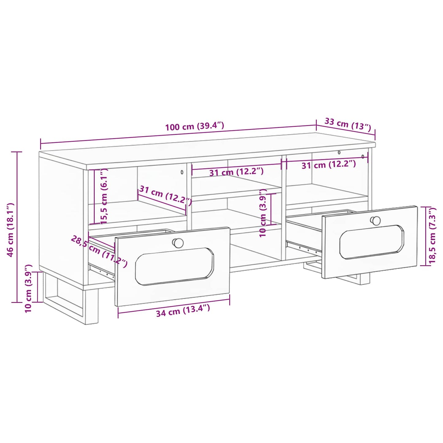 TV-Schränk mit Regal Braun 100 x 33 x 46 cm Massivholz Mango