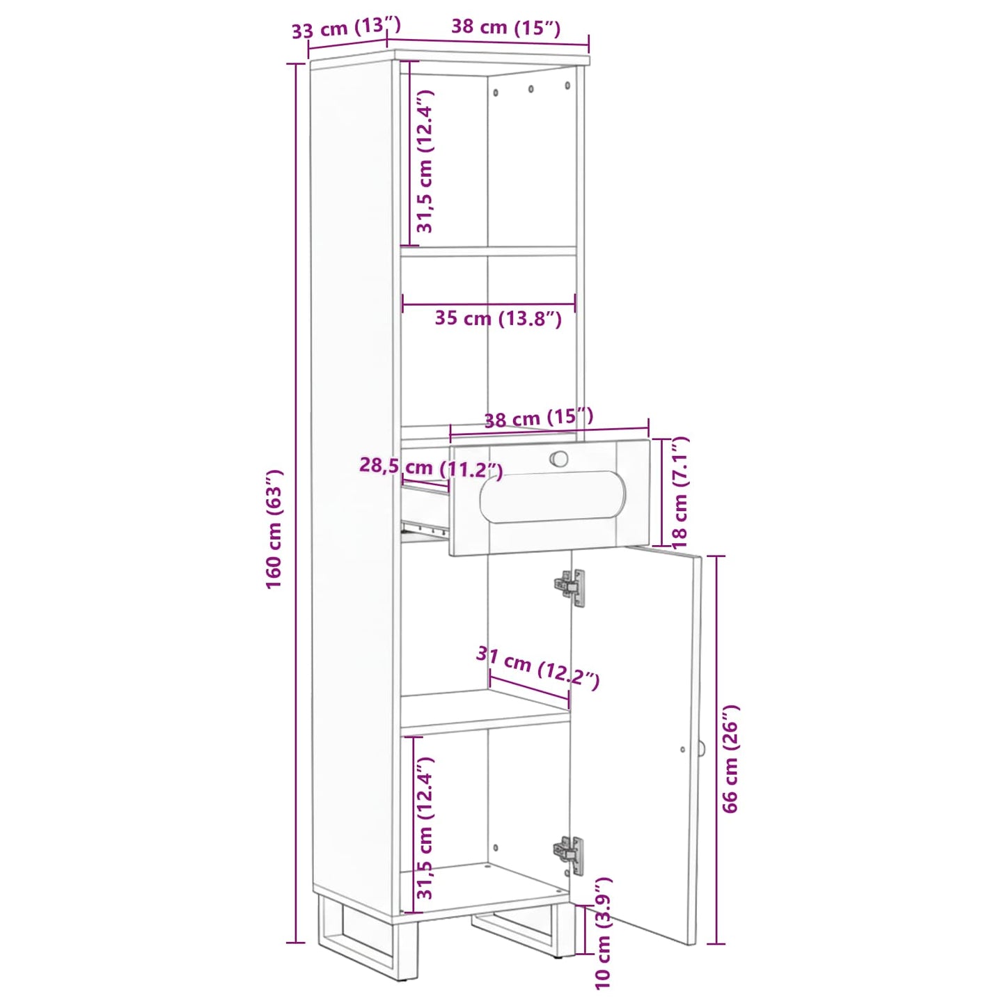 Badezimmerschrank Braun 38 x 33 x 160 cm Massivholz Mango