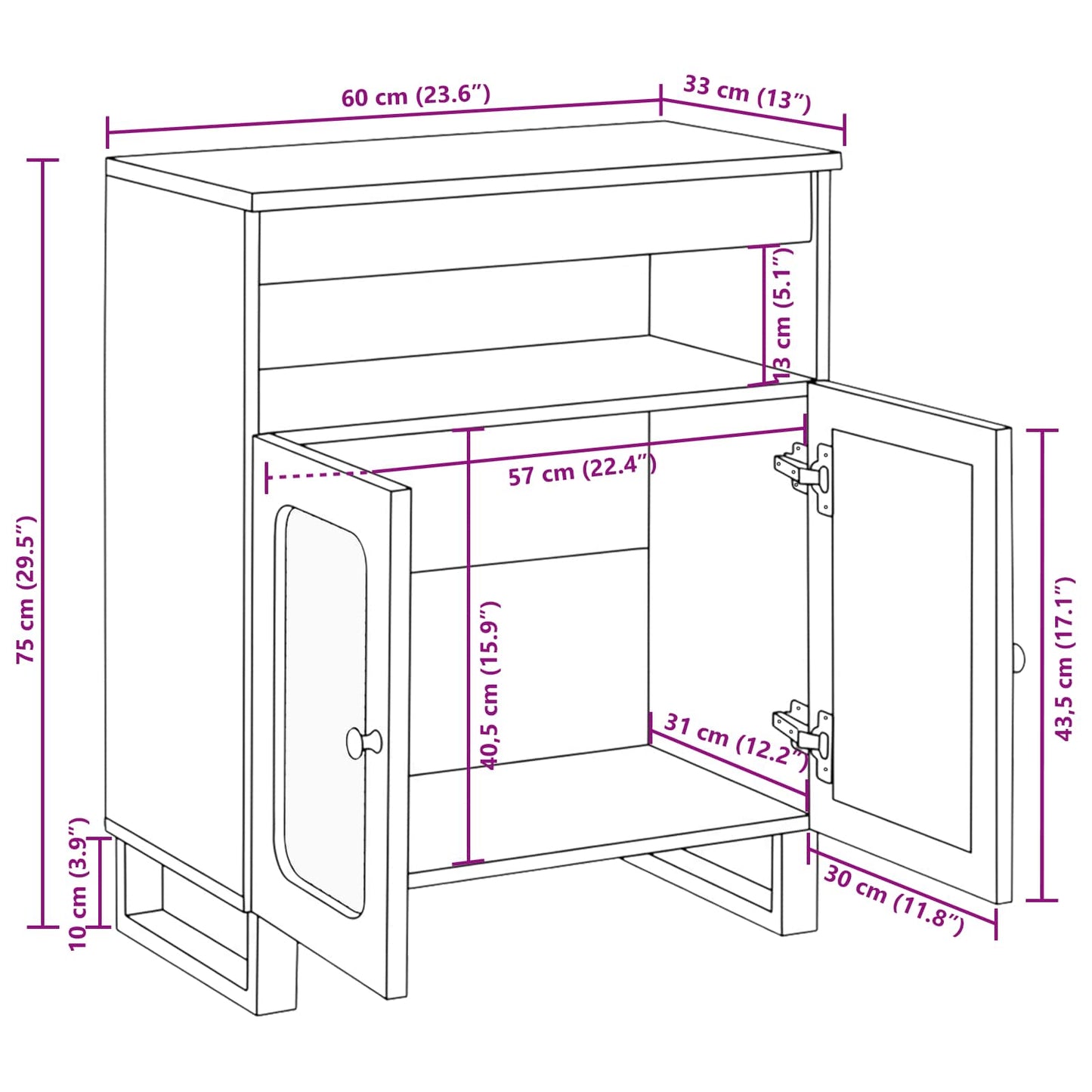 Sideboard mit Speicher Braun 60 x 33 x 75 cm Massivholz Mango
