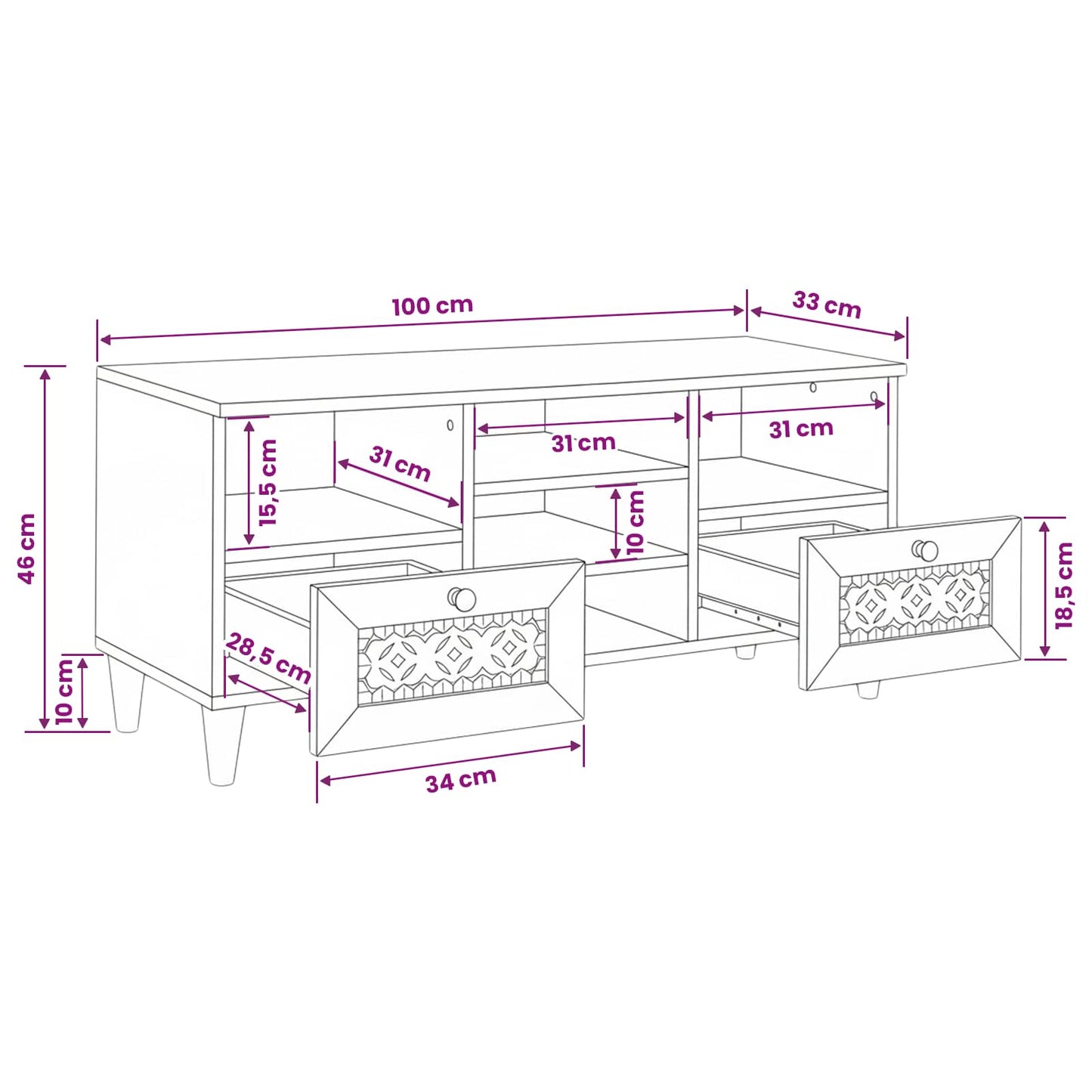 TV-Schränk mit Schubladen 100 x 33 x 46 cm Massivholz Mango