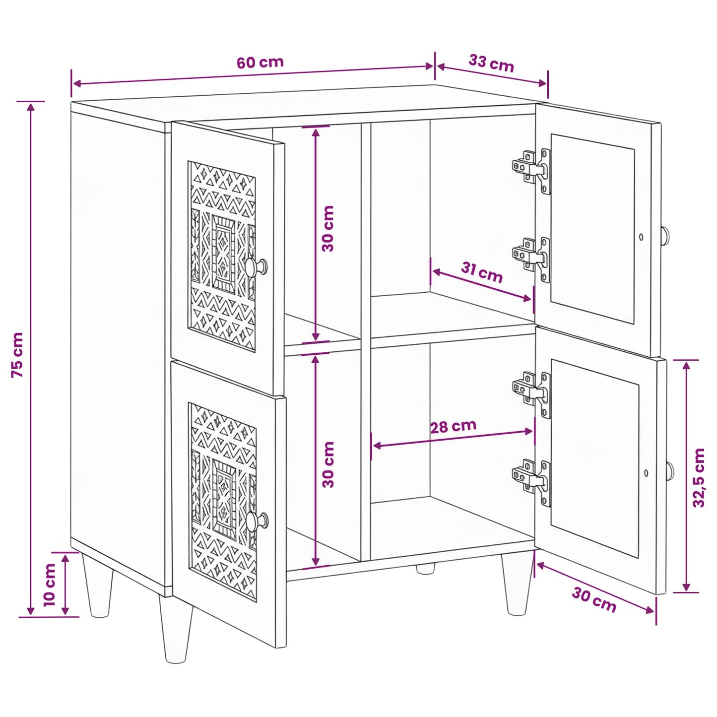 Sideboard Bleached White 60 x 33 x 75 cm Massivholz Mango