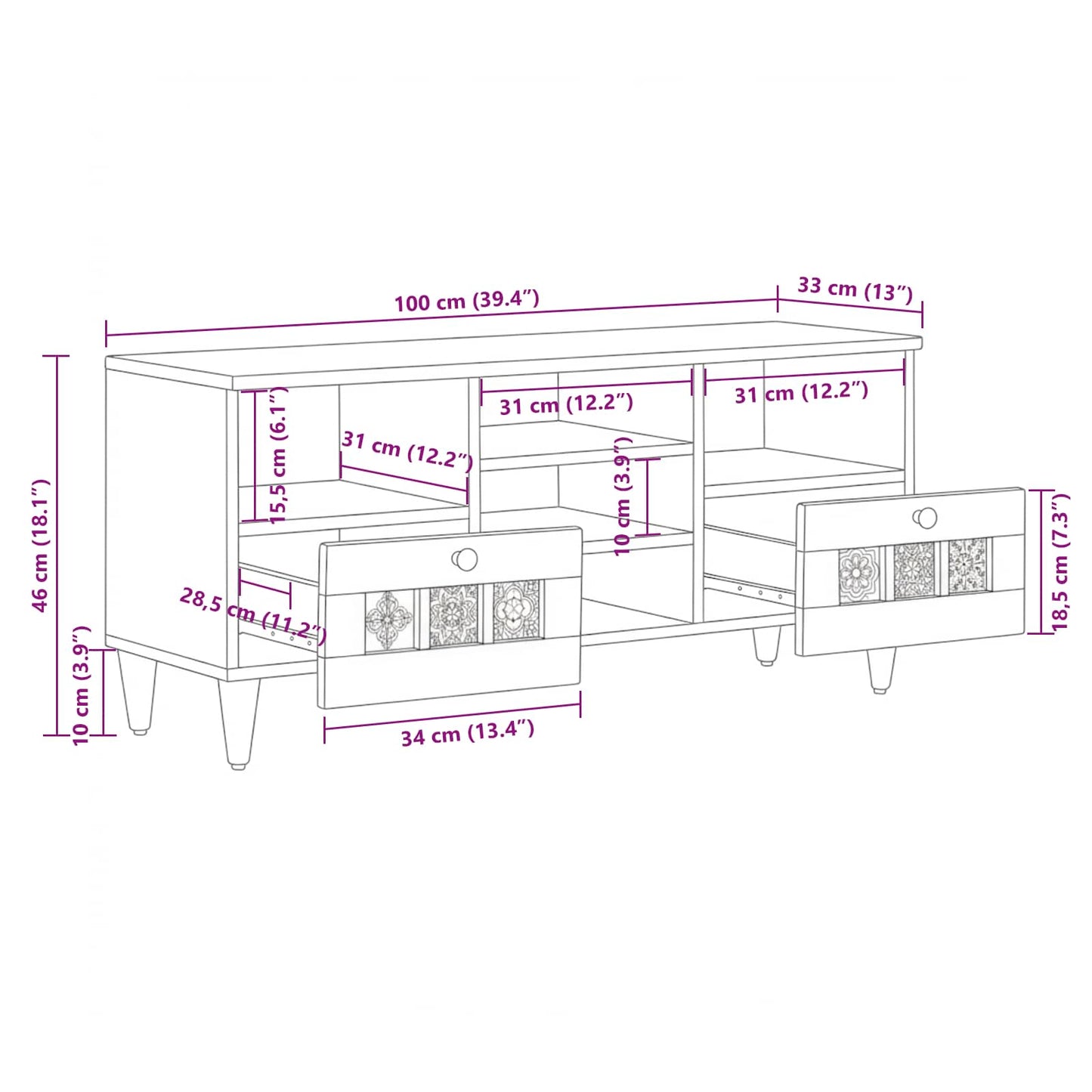 TV-Schränk mit Regal Walnuss 100 x 33 x 46 cm Massivholz Mango