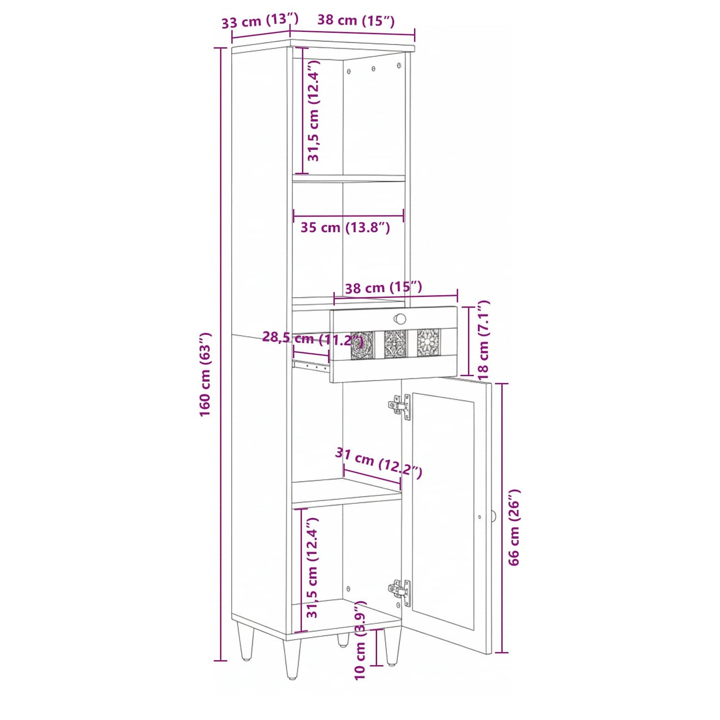 Badezimmerschrank mit Schubladen Walnuss 38 x 33 x 160 cm