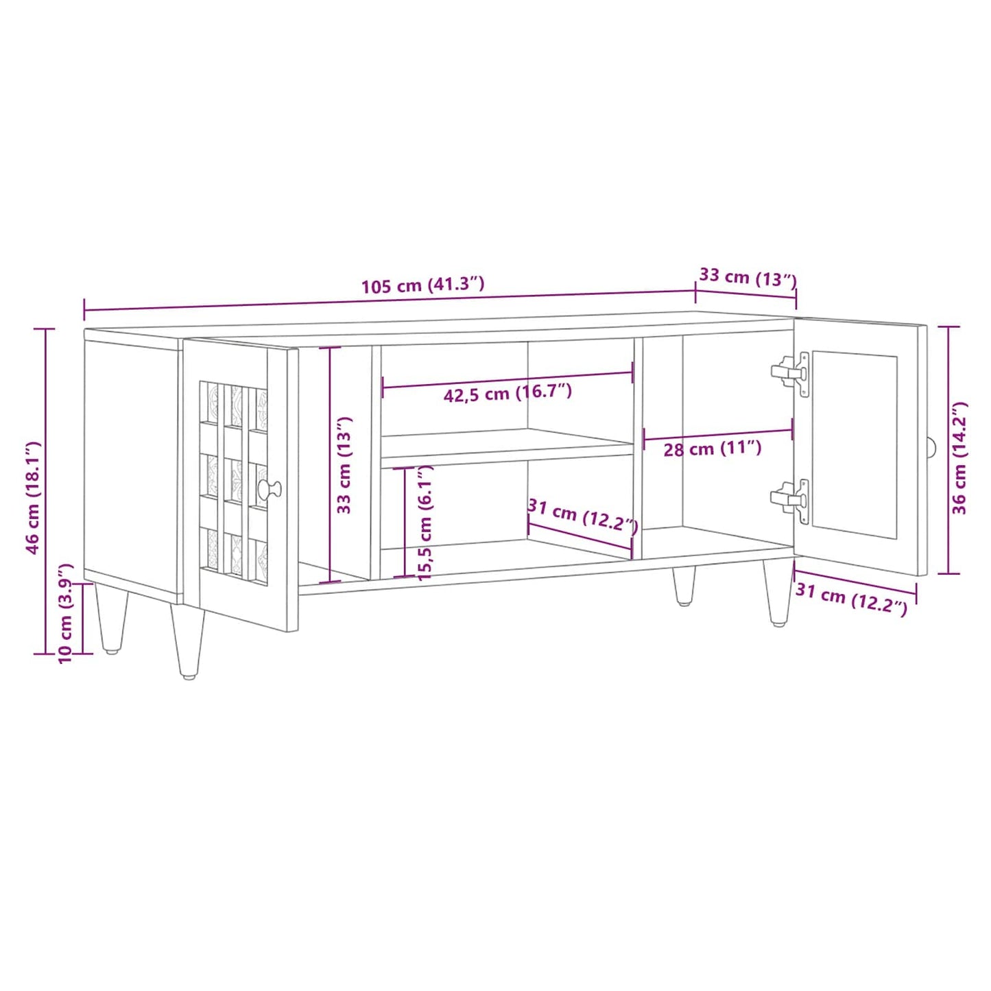 TV-Schränk mit Regal Natur 105 x 33 x 46 cm Massivholz Mango