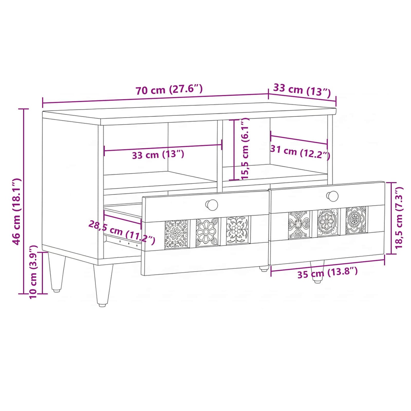 TV-Schränk mit Regal Natur 70 x 33 x 46 cm Massivholz Mango