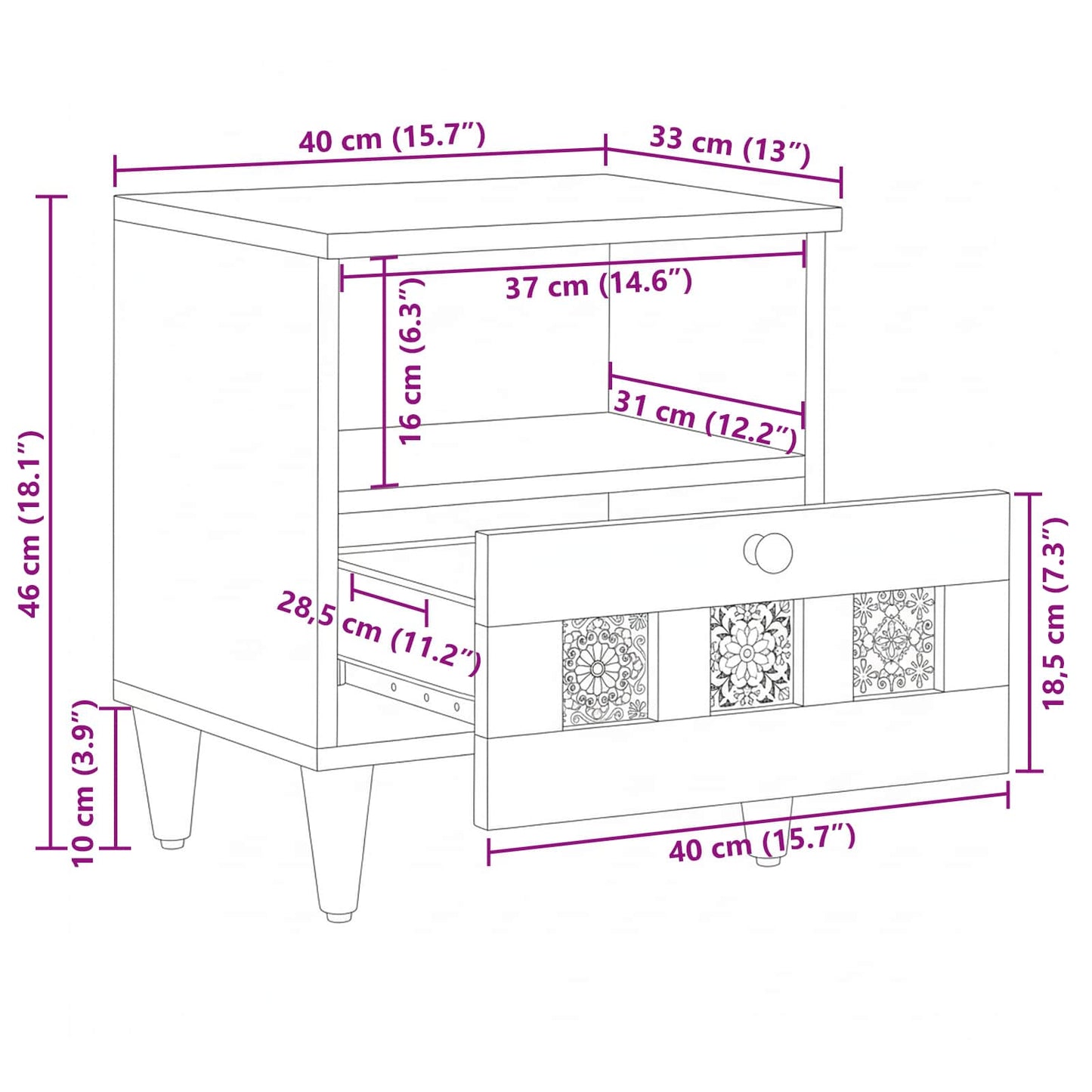 Nachttisch Natur 40 x 33 x 46 cm Massivholz Mango