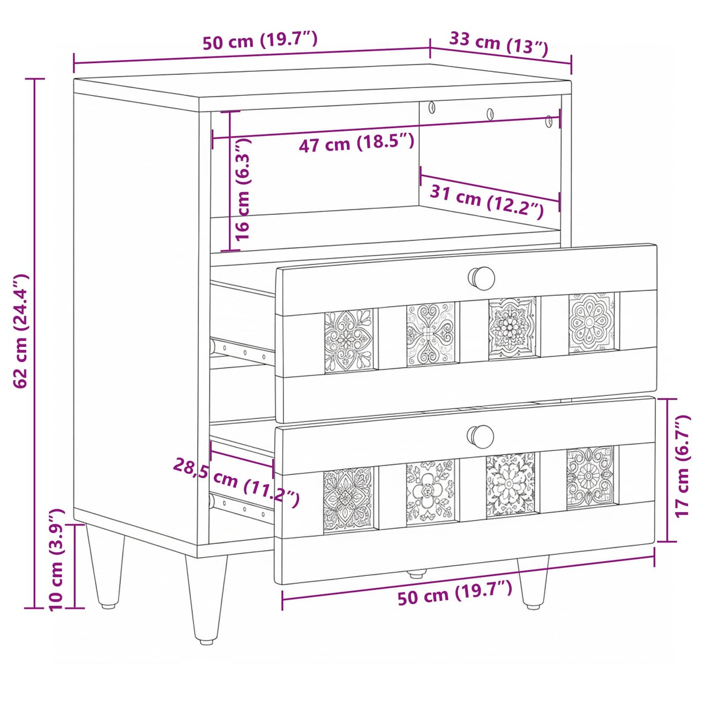 Nachttisch Natur 50 x 33 x 62 cm Massivholz Mango