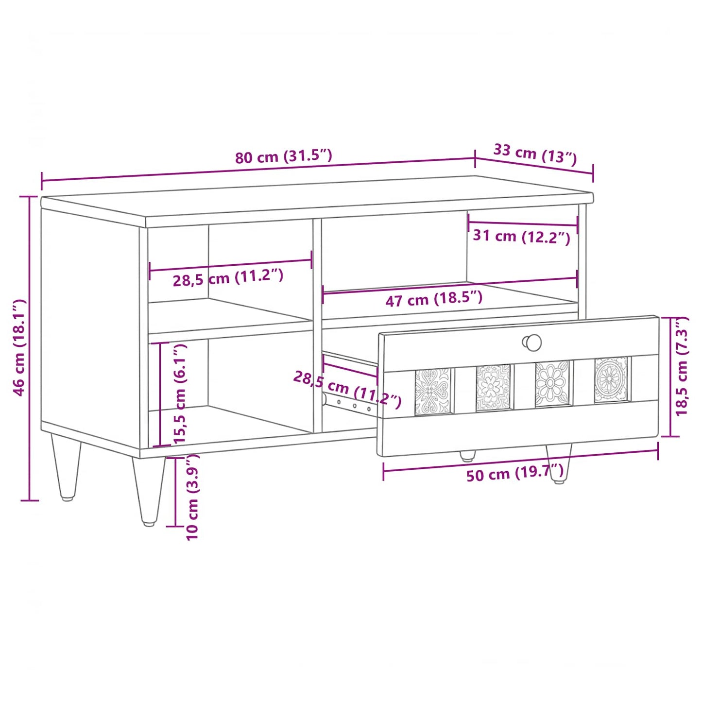 TV-Schränk mit Regal Natur 80 x 33 x 46 cm Massivholz Mango
