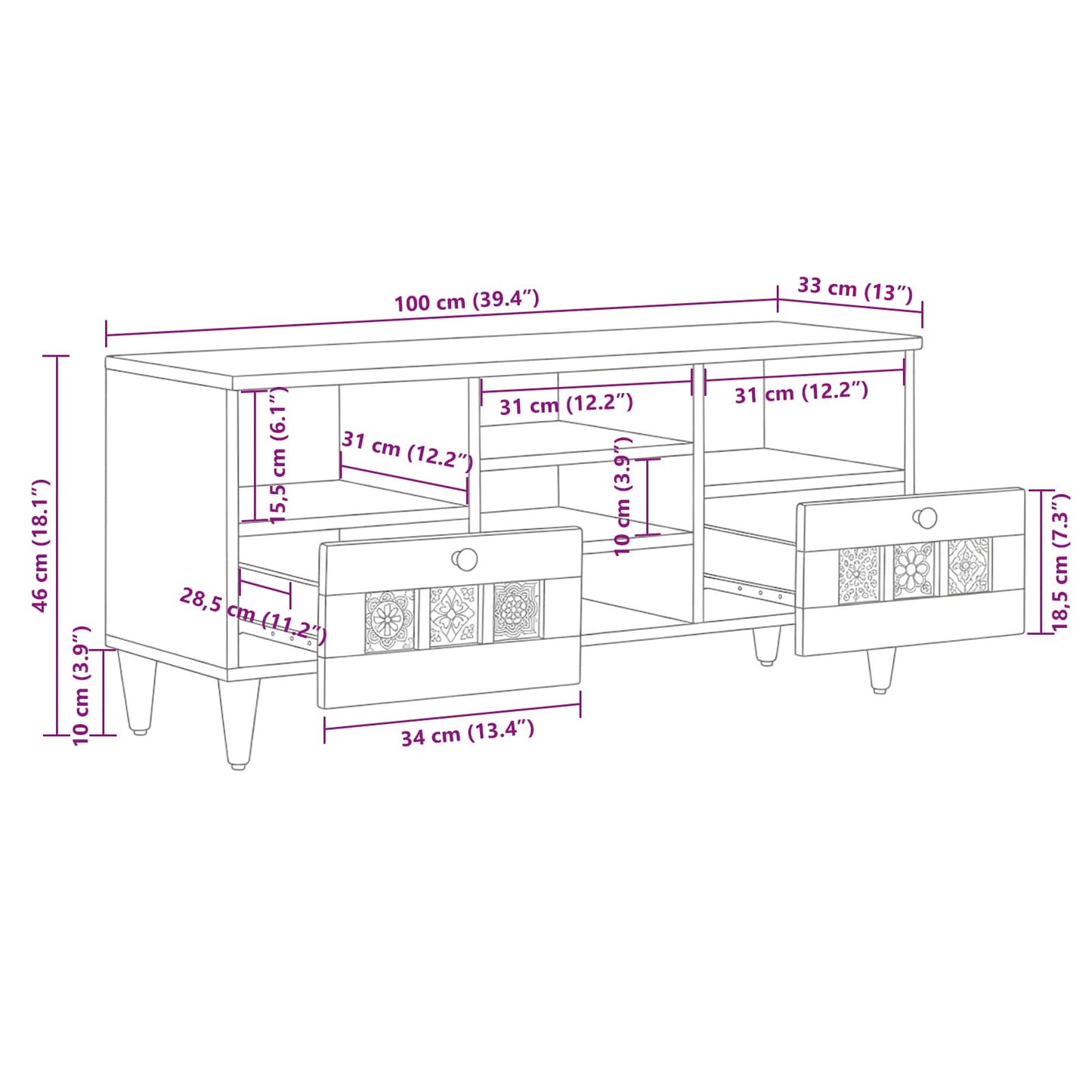 TV-Schränk mit Regal Natur 100 x 33 x 46 cm Massivholz Mango