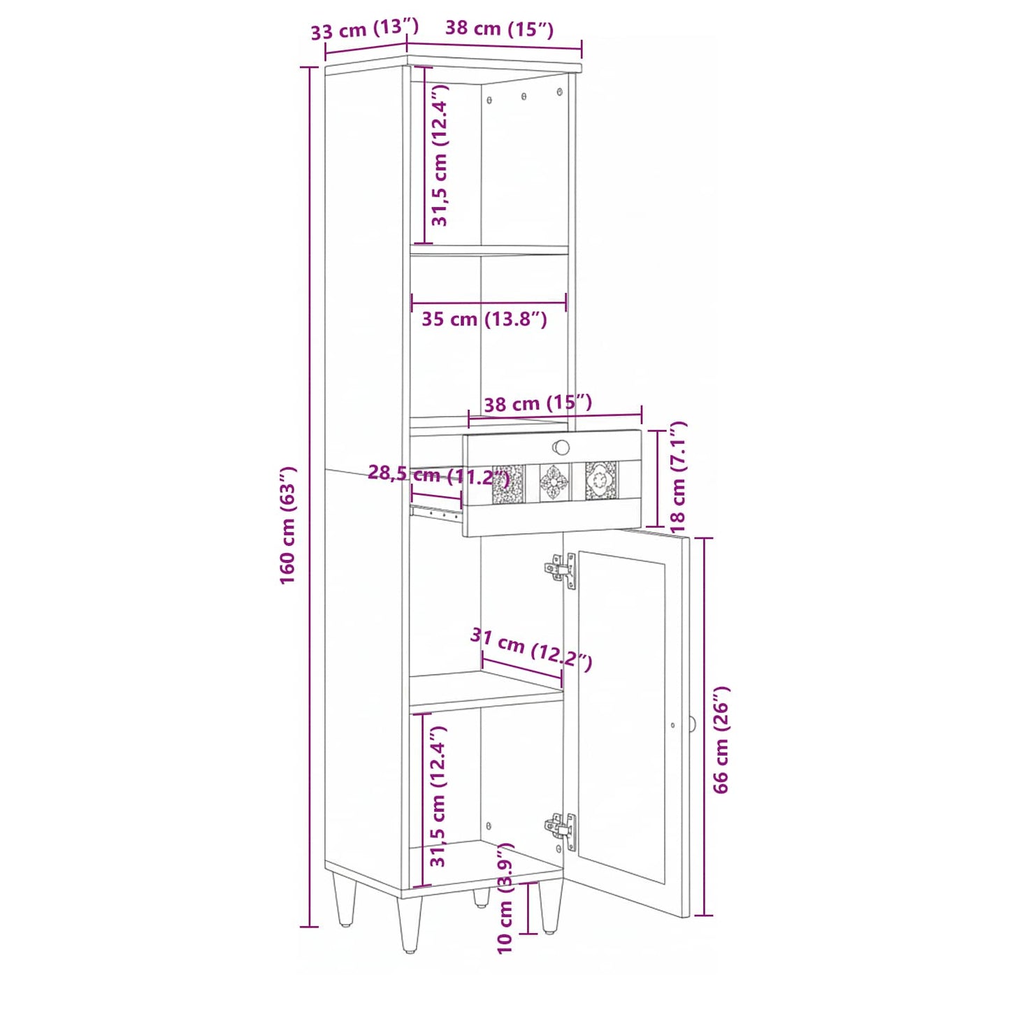 Badezimmerschrank Natur 38 x 33 x 160 cm Massivholz Mango