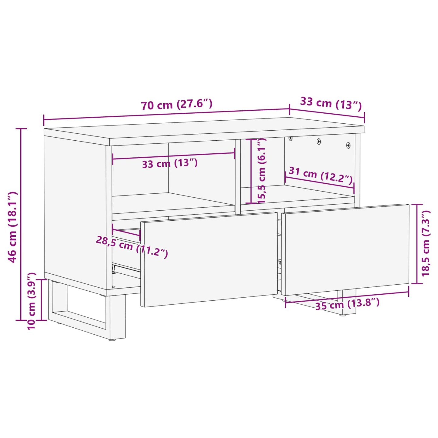 TV-Schränk mit Speicher Braun 70 x 33 x 46 cm Massivholz Mango