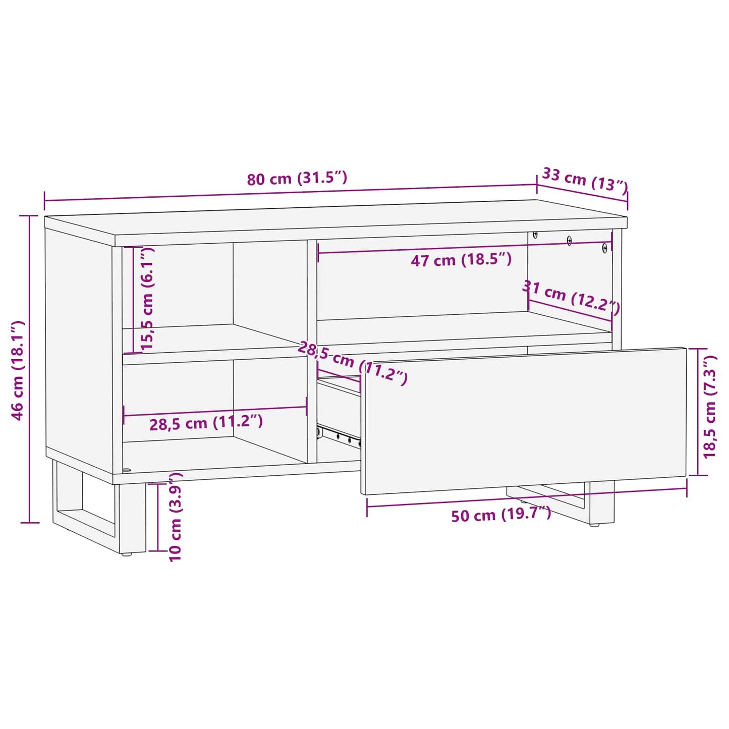 TV-Schränk mit Regal Braun 80 x 33 x 46 cm Massivholz Mango