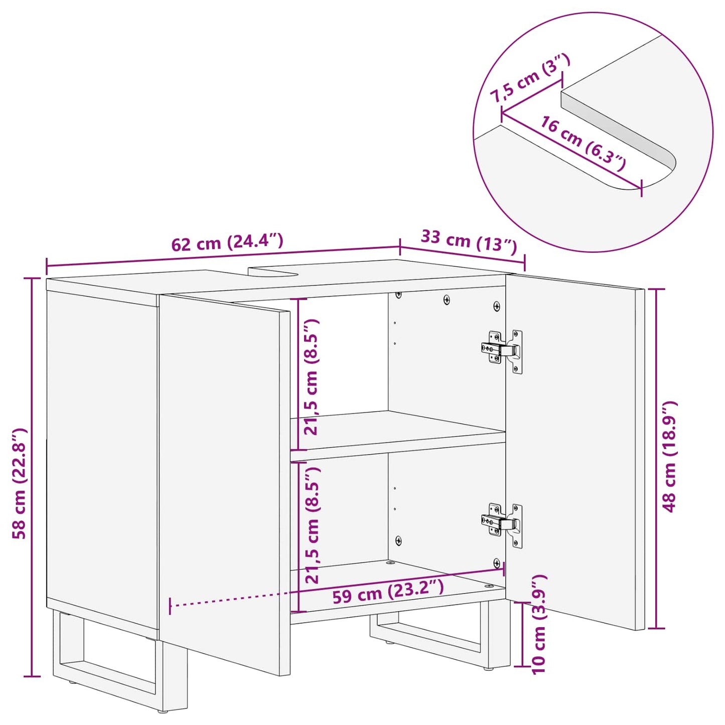 Waschbeckenschrank Natur 62 x 33 x 58 cm Massivholz Mango